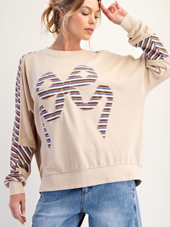 easel Tops - NEW Easel Mineral Washed Bow Striped Sleeve Pullover Top Sweatshirt Tan Khaki